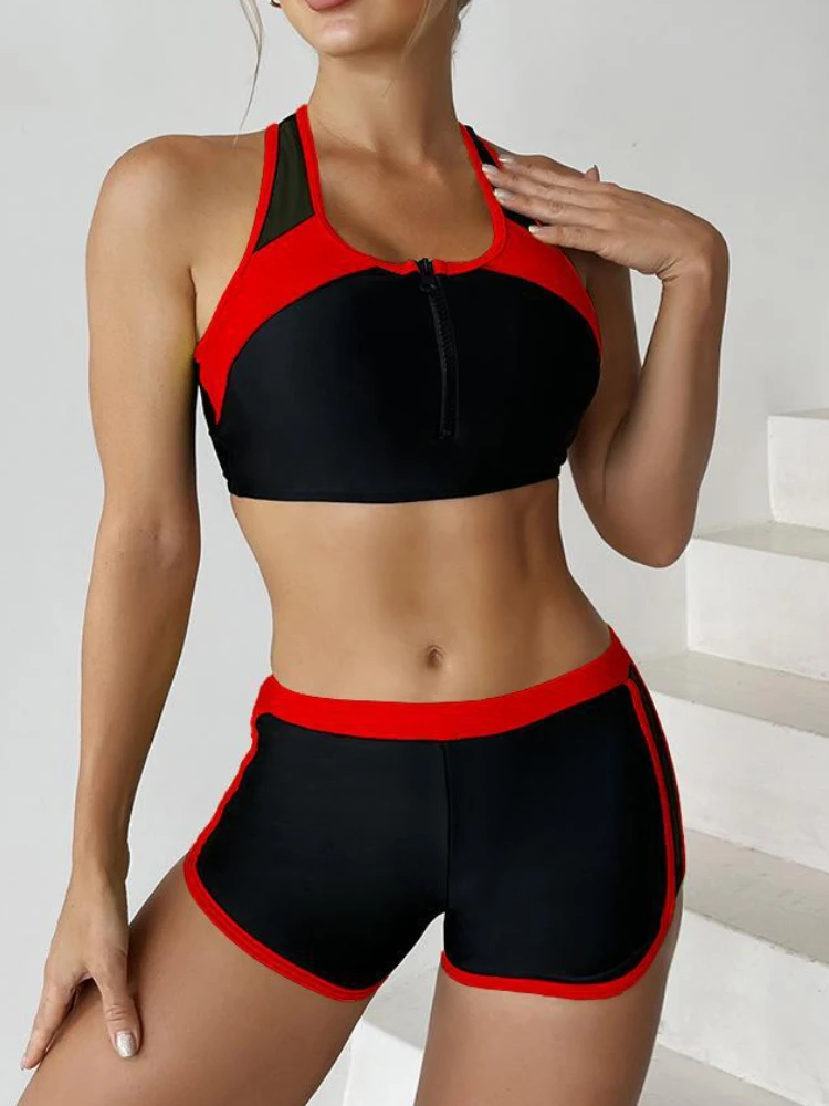 Zipper Swimwear Female Two Pieces Shorts Racerback Swimsuit Tankini Bodysuit 2023 New Sport Sets Women Beach Wear Swimming Suits