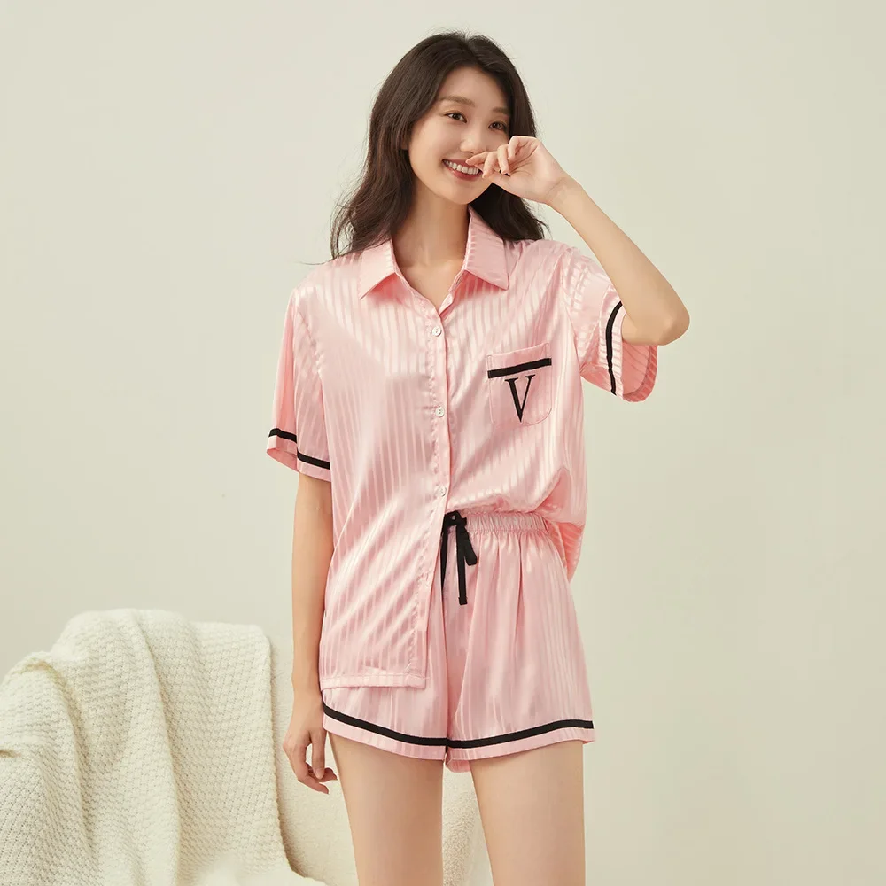 Ice silk embroidered jacquard pajamas women\'s summer short-sleeved shorts pink striped loungewear spot