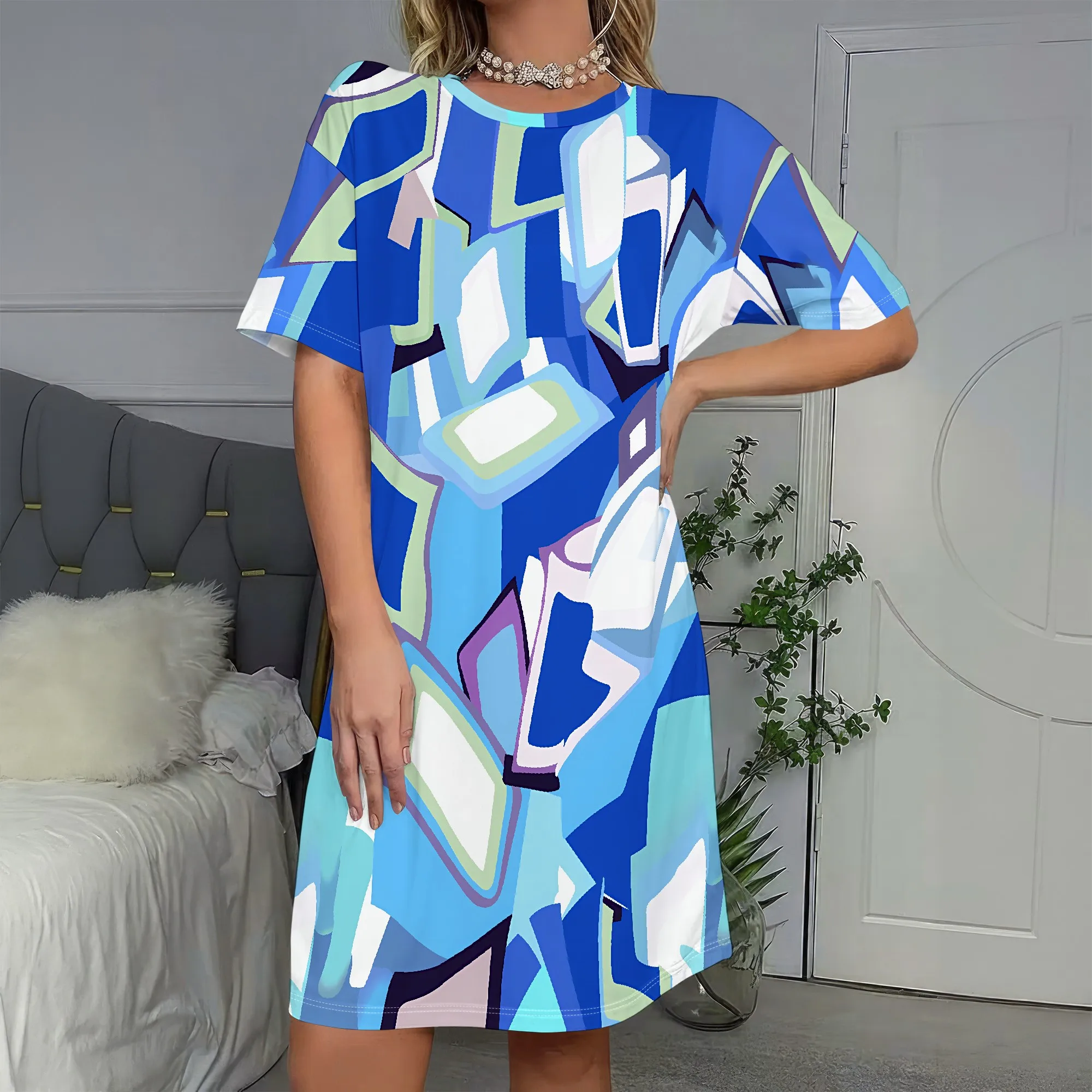 

Abstract Art Print, Short Sleeve Dress, Blue Geometric Pattern, Loose Fit Tunic, Casual Summer Wear for Women, S-2XL