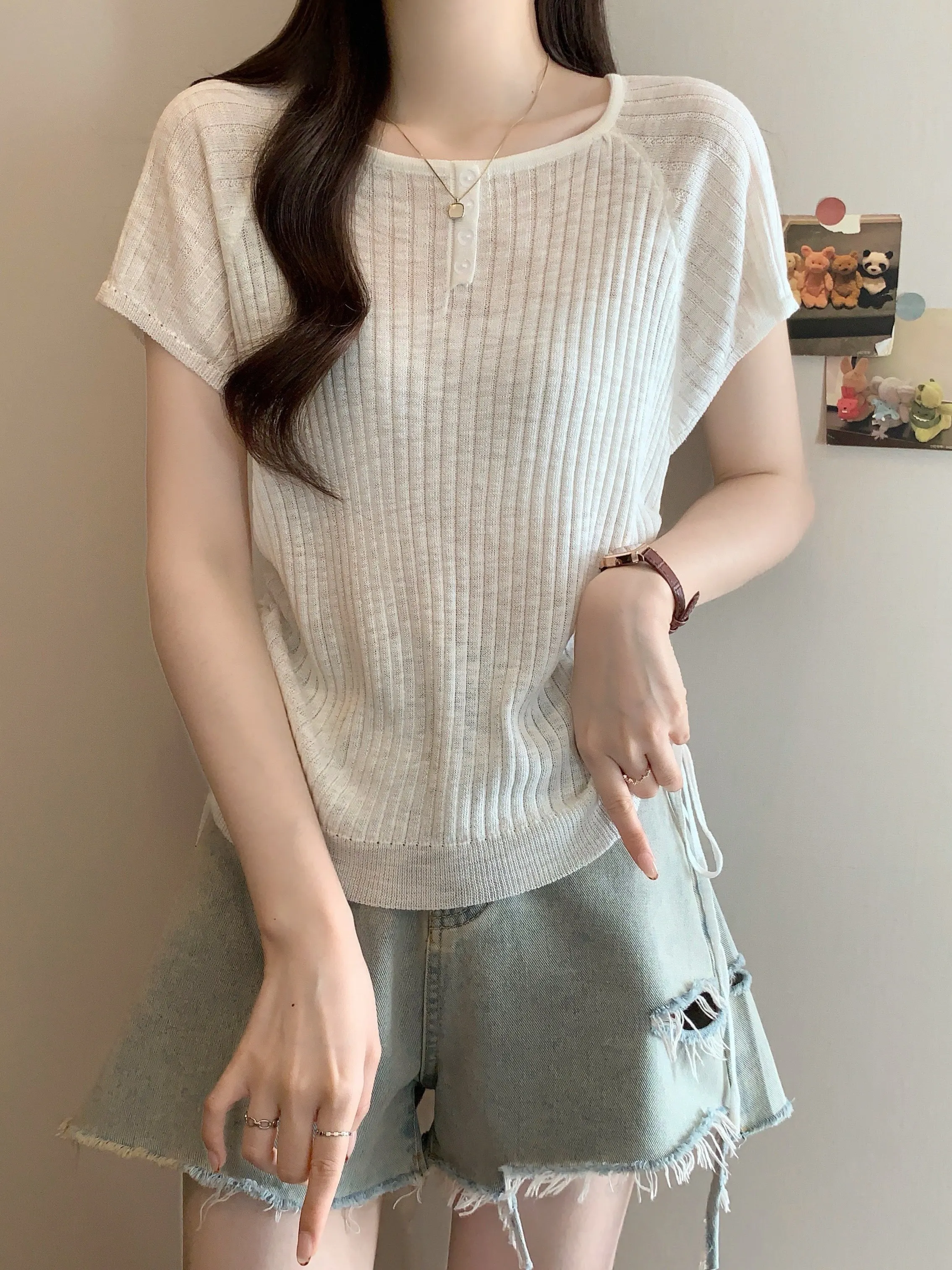 Ice Silk Knitted Short Sleeve T-Shirt Women's Thin Summer Large Size Fat MM Slimming Design Drawstring Short Style Small Top