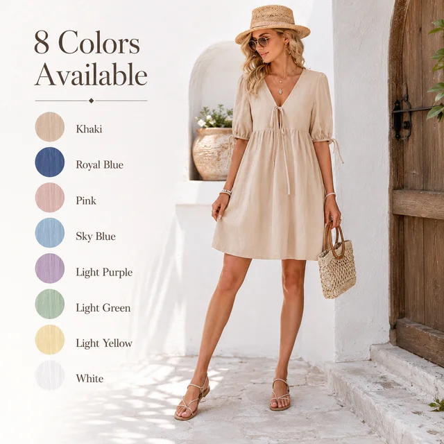 Vestido de mujer de algodón y lino con cuello en V, lazo frontal, estilo babydoll, manga abullonada, corte holgado en A, midi, bohemio, para verano, playa y vacaciones.