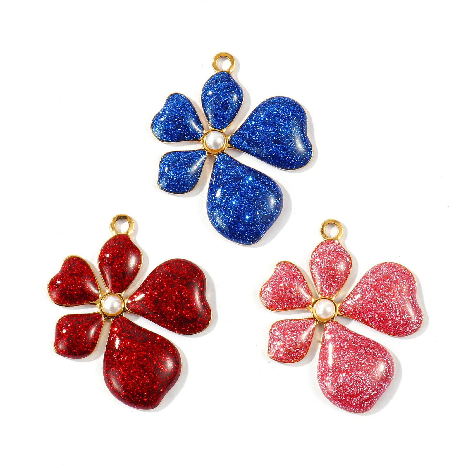 2 Pcs 304 Stainless Steel Pendants 18K Gold Plated Enamel Flower Acrylic Imitation Pearl Charms For DIY Necklace 3cm x 2.5cm