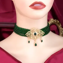 Sunspicems Ethnic Algeria Beads Necklace for Women Jade Color Chain Gold Color Pandant Moroccan Choker Necklace Bridal Jewelry
