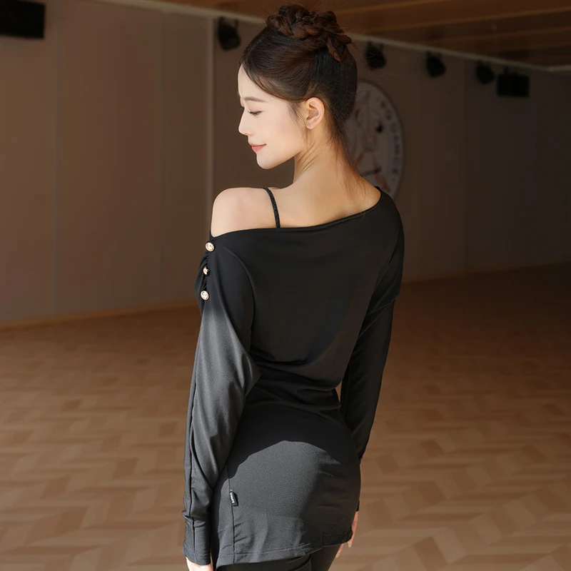 Latin Dance Practice Top Women Long Sleeve Black Tunic Adult Salsa Cha Cha Rumba Training Costume Dancer Line Dance Clothes 2321