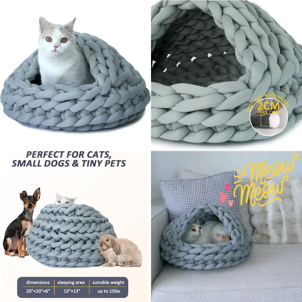 Knitted Cat Cave, 20in Small Cat Beds for Indoor Cats, Kittens or Puppies, Flexible Pet Bed - Turns into Tent, Nest or Pad, Mach