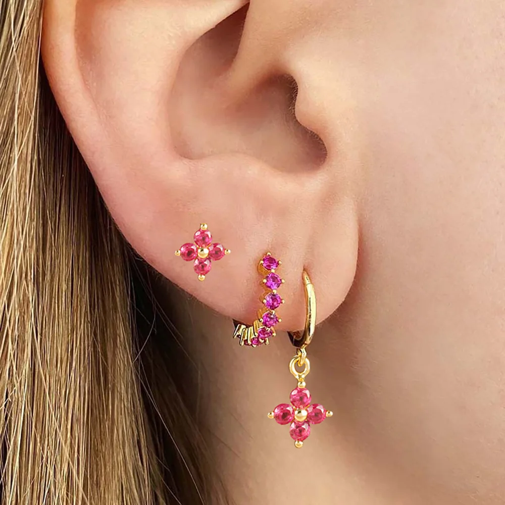 3pcs Piercing Huggies Earrings Sets for Women Stainless Steel Flower Chain Colorful Zircon Huggies Earring Aesthetic Jewelry
