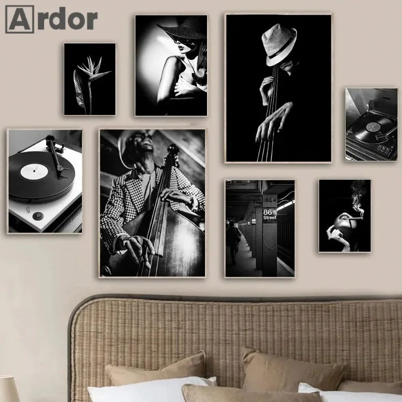 Black And White Poster Band Guitar Jazz Music Canvas Painting Woman Vintage Art Prints Nordic Wall Pictures Bedroom Home Decor
