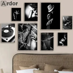Black And White Poster Band Guitar Jazz Music Canvas Painting Woman Vintage Art Prints Nordic Wall Pictures Bedroom Home Decor