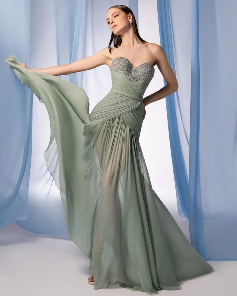 

Customized High Quality Women Chiffon Rhinestone Ruched A-Line Evening Dresses Fashion Sweetheart Sleeveless Slit Prom Dresses