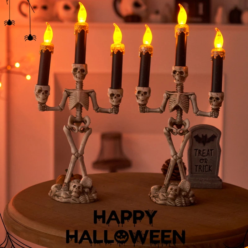 Skull Candlestick LED Halloween Candle Holders Flameless Candles Holder Stand Horror Props Halloween Decoration House Decor