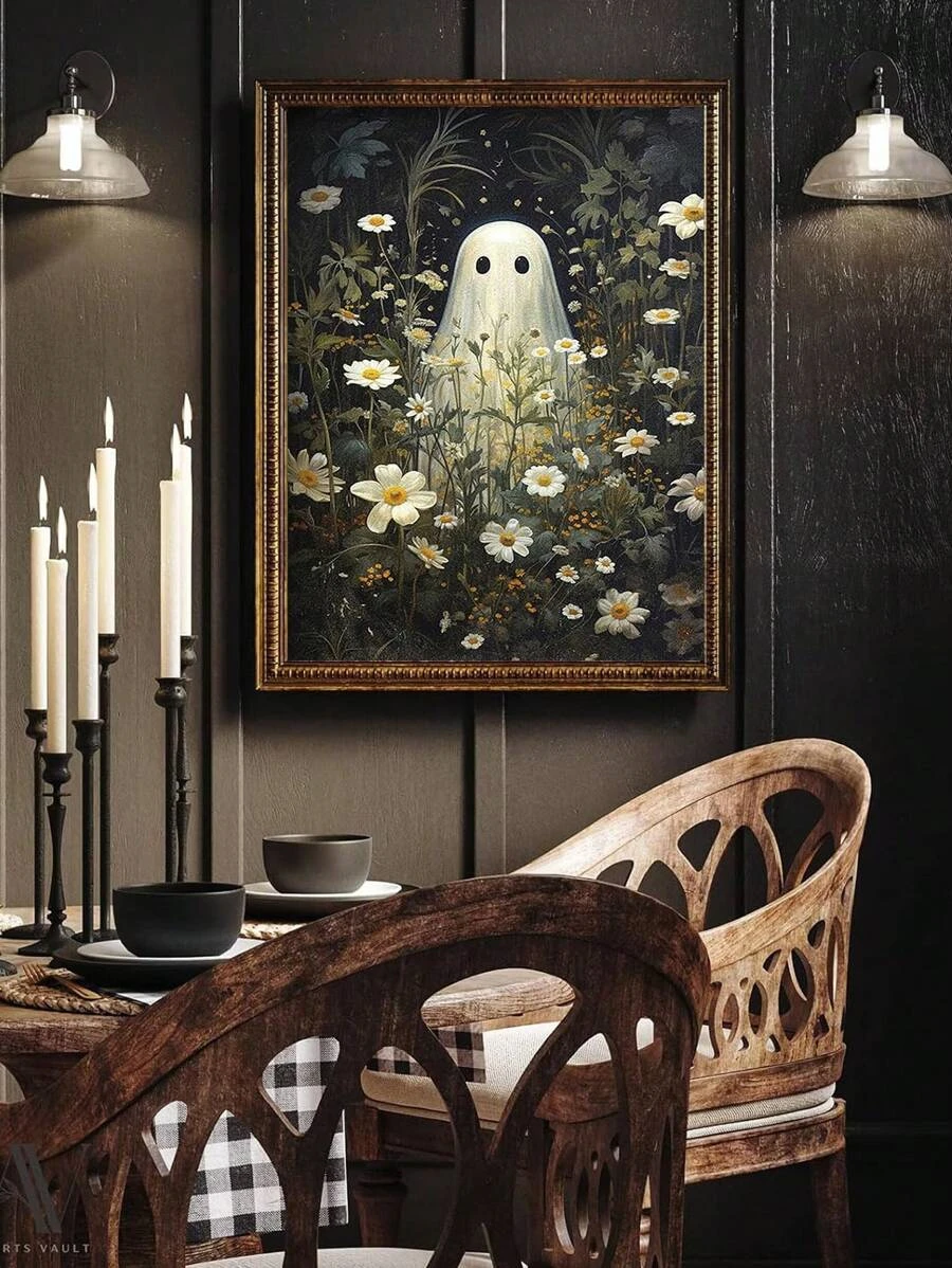 Retro Cute Ghost Companion & Reads Book Canvas Prints Monster Holds Black Cat Wall Art Poster for Living Room Halloween Decor