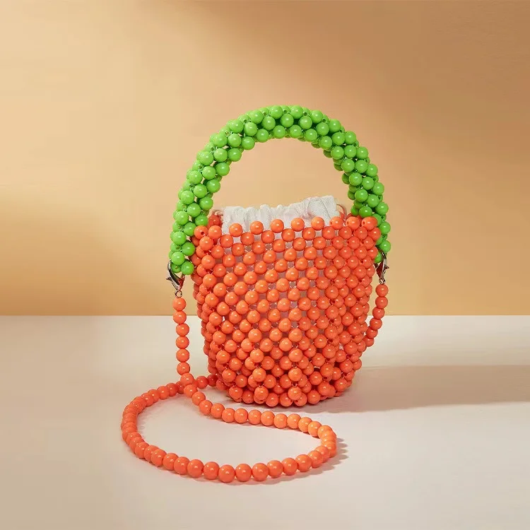 

Summer Candy Color Women Cute Sweet Mini Bag Beads Beading Woven Handmade Bucket Bag Female Handbag Shoulder Crossbody Bag