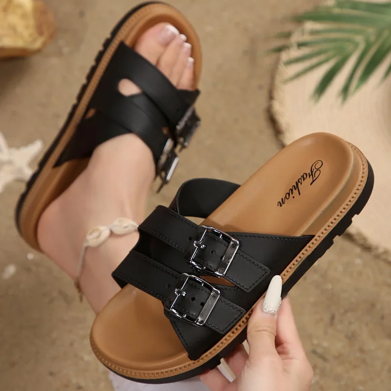 

Люксовые летние женские шлепанцы: модные мюли на плоской подошве с регулируемой пряжкой, пляжные тапочки для женщин