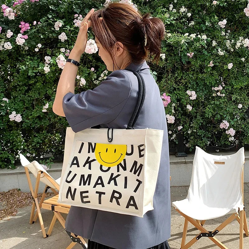 Women Vintage Canvas Tote Bag Causal Letters Print Shoulder Bag 2024 Soft Ladies Handbag Female Large Shopping Bags for Boutique