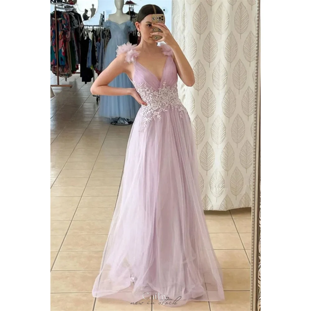 

Cathy Customized Purple Deep V-Neck Appliques Prom Dresses A-Line Backless vestidos de noiva Sleeveless Tulle Evening Dress 2025