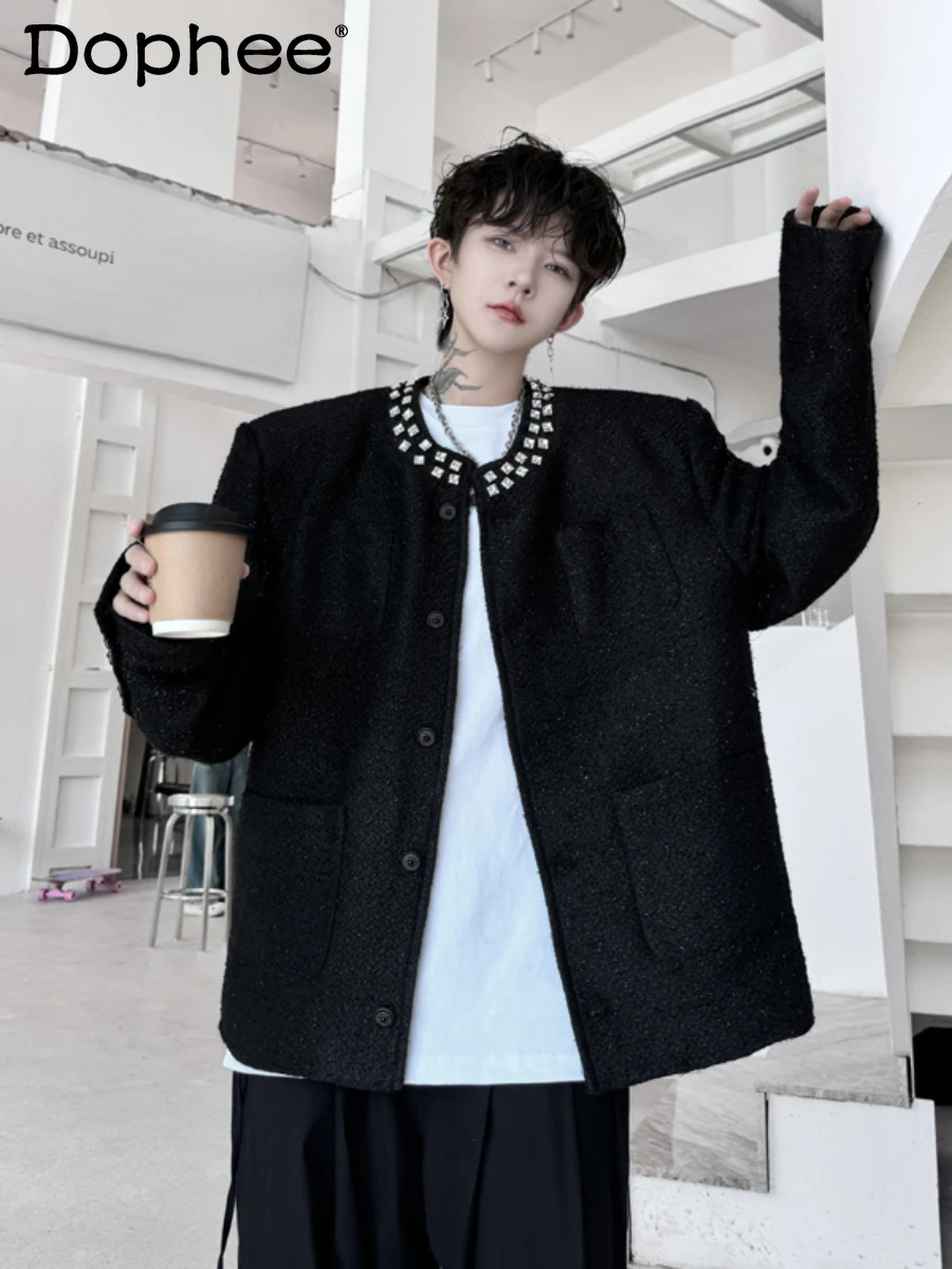 

Men's 2024 Autumn High-end Hand-sewn Diamond Decorative Round Neck Top Men's Handsome Trendy Versatile Loose Small Fragrant Coat