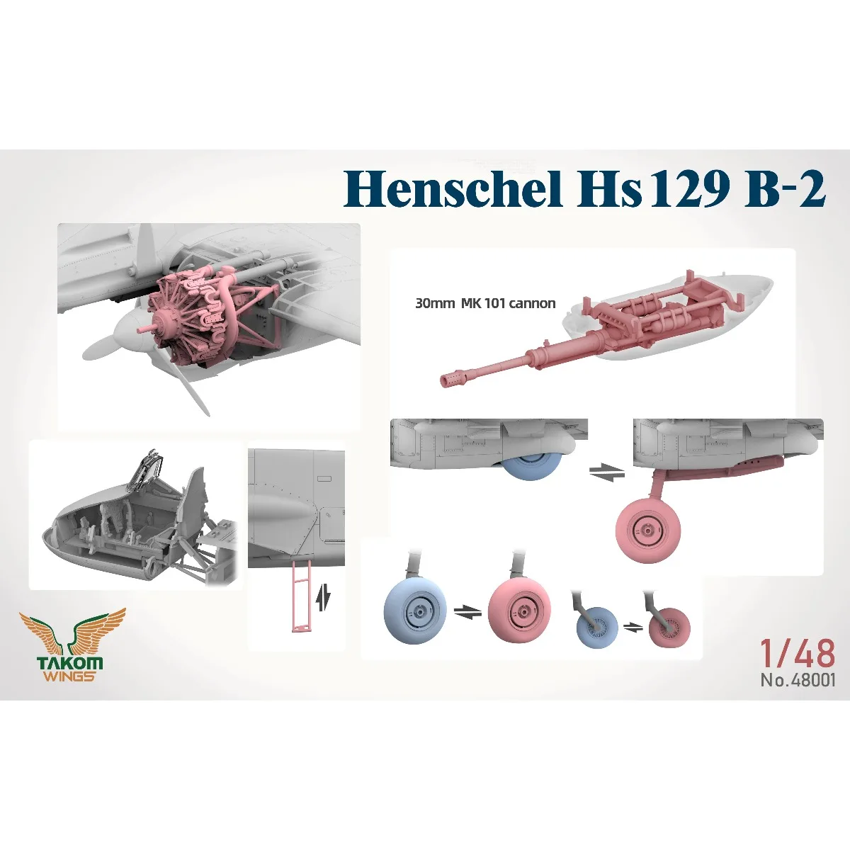 TAKOM أطقم منمذجة 48001 واط Hs129 2 صندوق Hs 129 B2 + Hs 129 B3 + مجموعة مطبوعة ثلاثية الأبعاد أرقام x2 + Panther A 1/48