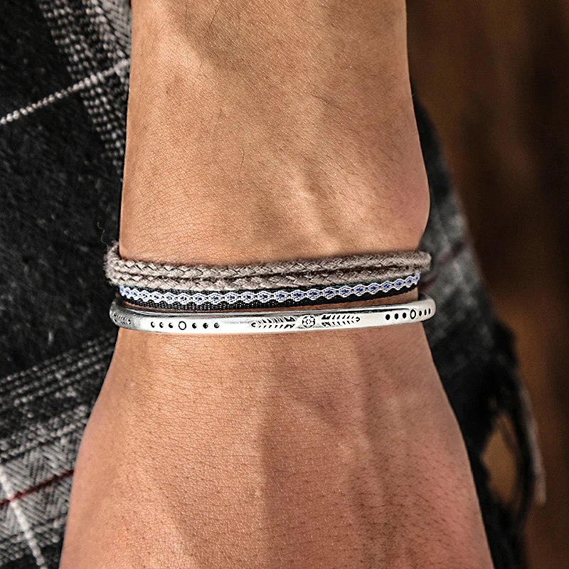 Boho HAND-ทอสร้อยข้อมือผู้หญิงผู้ชายเชือกปมปรับสไตล์ Minimalist VINTAGE 925 เงินทิเบต C-Bangle ชุดเครื่องประดับ