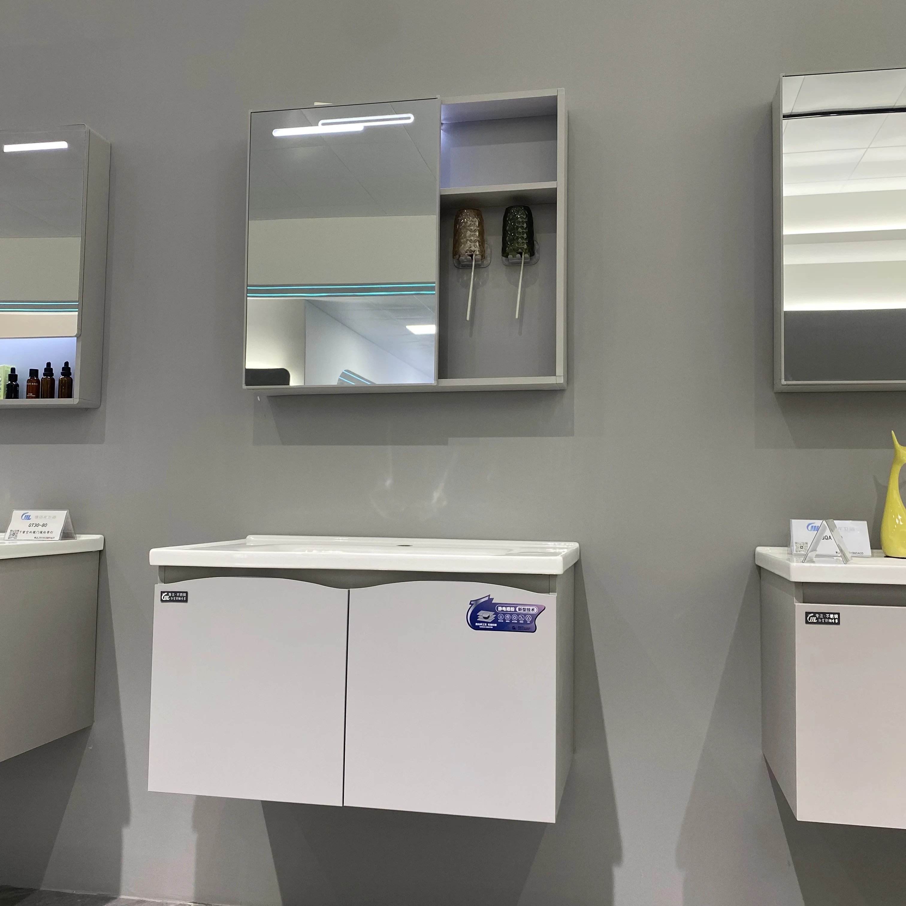 Factory Direct Sale Stainless Steel Bathroom Cabinet With Integrated Ceramic Basin Smart Mounted Mirror Bathroom Vanities