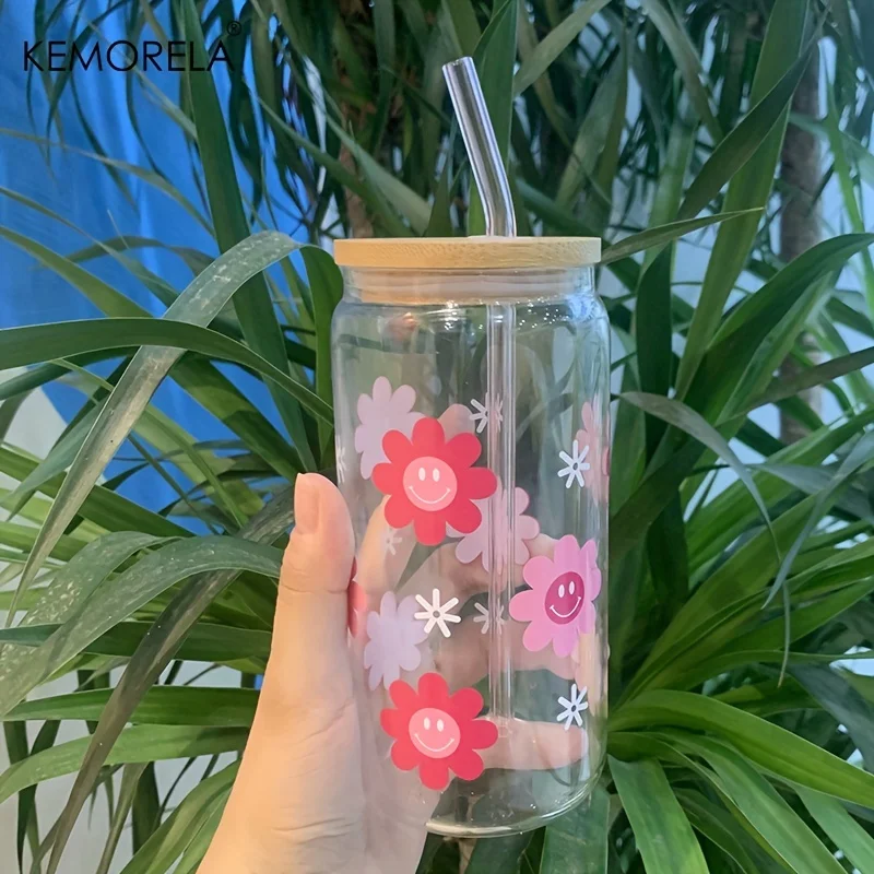 16oz Pink Smile Flower Glass Can Cups Set Glass Cup With Bamboo Lid And Straw Beer Drinking Glass Cans Set Soda Ice Coffee Cup