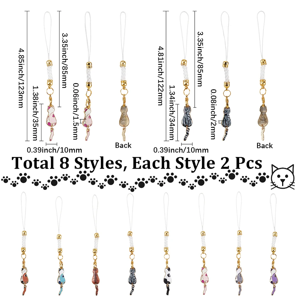 1 Box 16Pcs 8 Colors Cute Cellphone Charms Cat Phone Charms Strap Enamel Metal Animal Back Print Hanging Lanyard for Mobile