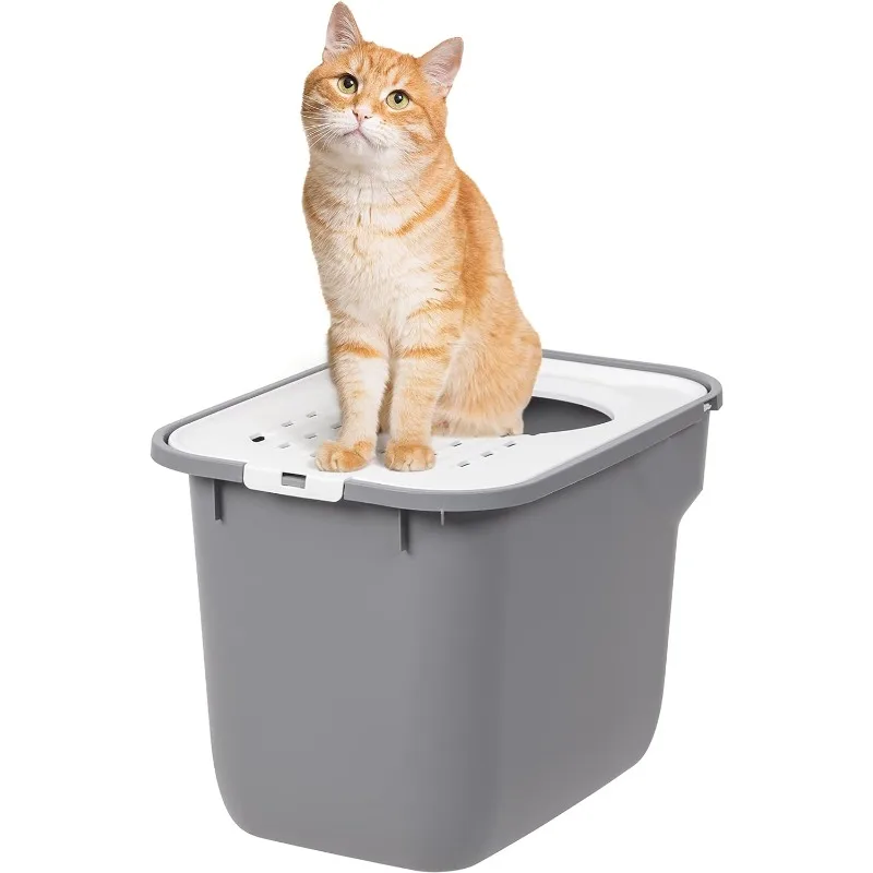 

USA Square Top Entry Cat Litter Box, Kitty Litter Pan with Litter Particle Catching Cover and Privacy Walls, Gray/White