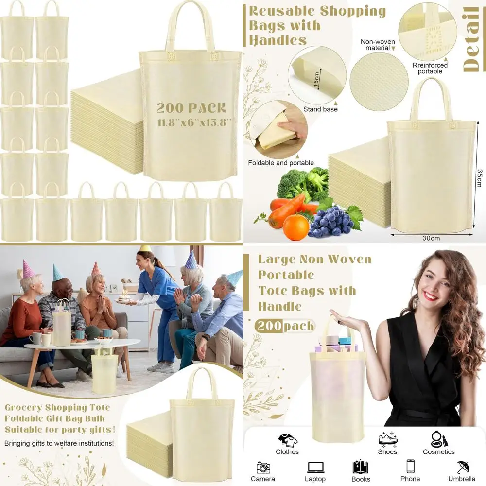 

Large Foldable Non-Woven Shopping Bags with Handle, Portable Tote for Bulk Grocery, 11.8x6x13.8 Inch