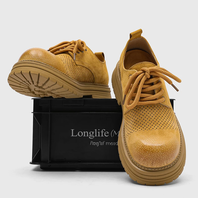 Men New Hollowed Out Perforated Breathable Derby Shoes Summer Casual Sports Anti Slip Height Increasing Big Yellow Shoes