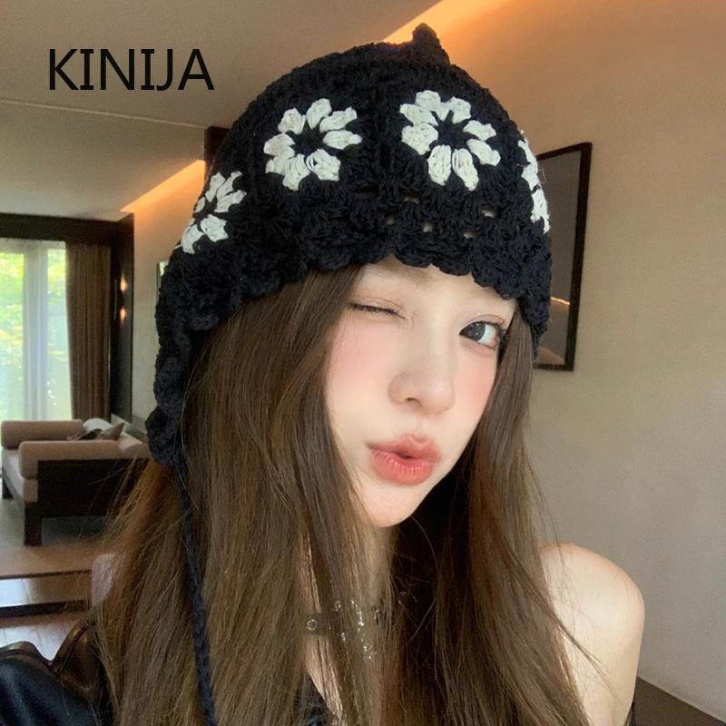 Handmade Hollowed Out Crochet Hat Girls Thin Knitted Bucket Hat All Season Headscarf Hats Cute Breathable Beanie Cap Japanesesle