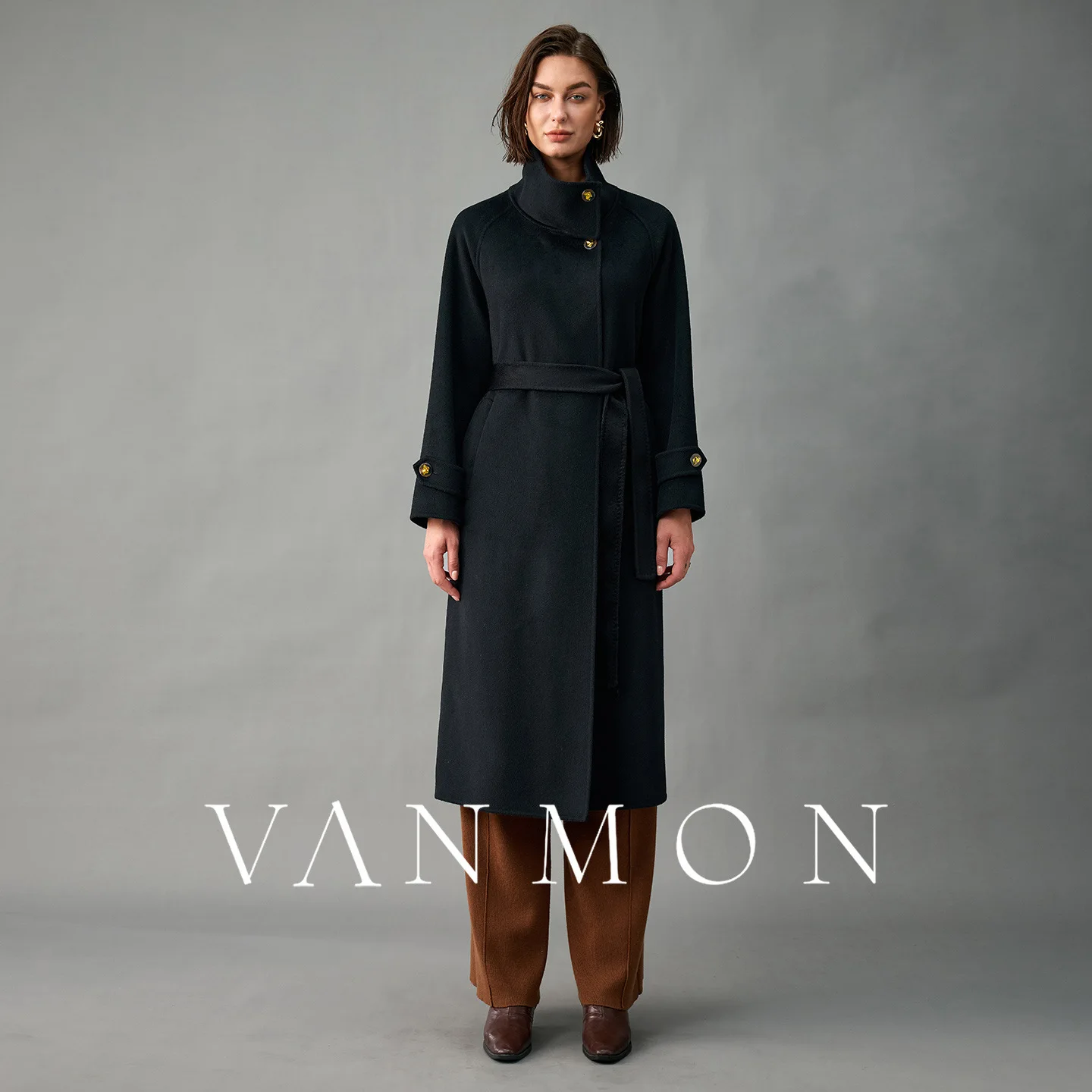UMI MAO  Autumn Winter New Double-Sided Wool 30% Cashmere Coat For Women, Mid-Length Stand Collar Solid Color Button Jacket