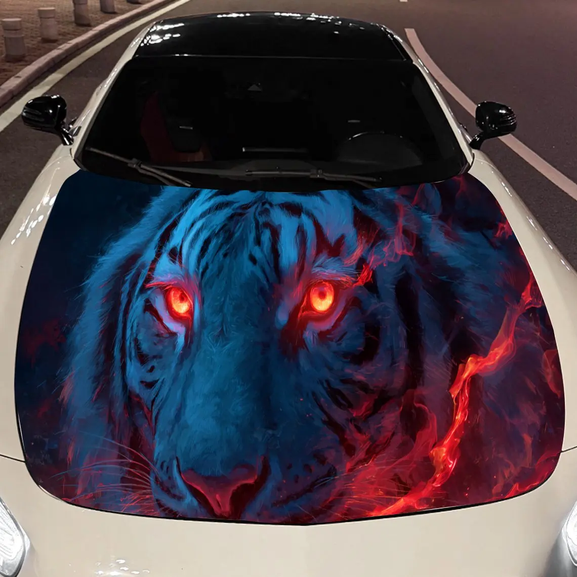 

Жестокий тигр с огненными глазами, наклейка на капот двигателя автомобиля, автоматические виниловые обертывания, водонепроницаемая самоклеящаяся наклейка на автомобиль, прочная и анти-са