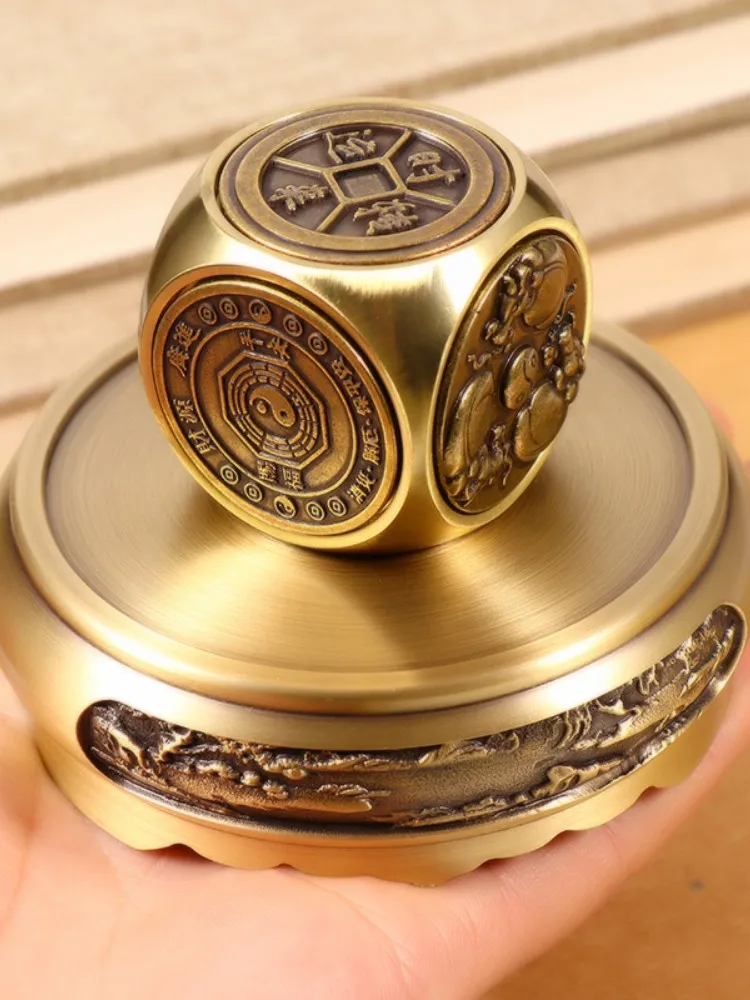 Brass Six Sides Fortune Spinner Stress Relief Hand Play Home Living Room Office Entryway Desktop Collectible Decor Ornament