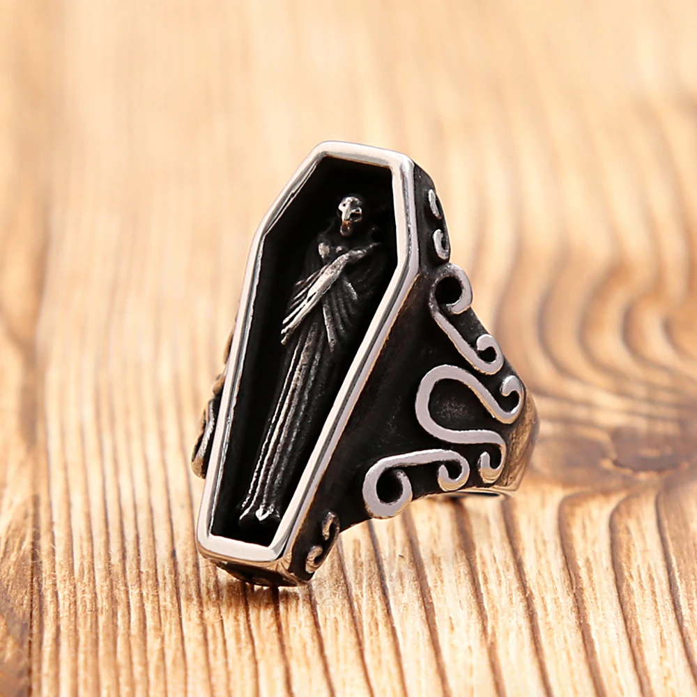 Gothic Stainless Steel Biker Ring para homens, preto, zumbi, vampiro, crânio, punk, original, caixão, amuleto, presente da jóia, meninos, atacado