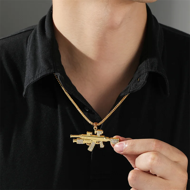 Hip-Hop Fashionable Gun Necklace Personalized Rhinestone Submachine Gun Model NeckChain For Women Men Street Party Jewelry