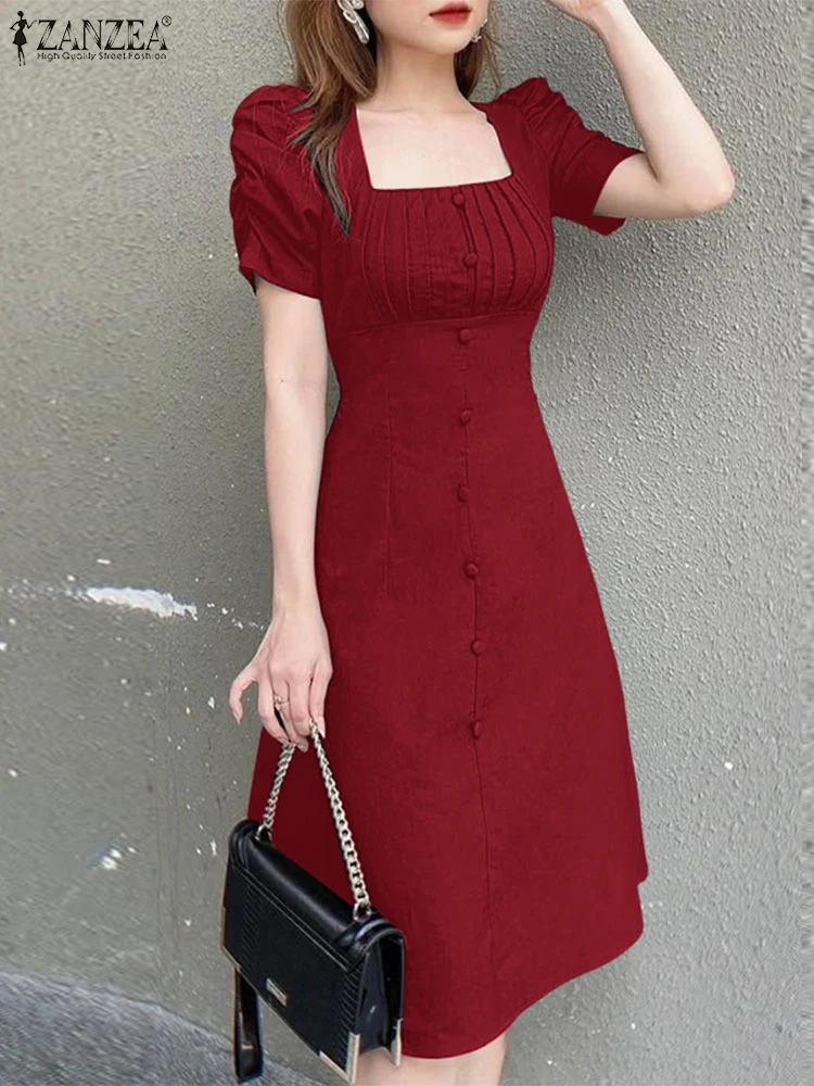 

2025 Fashion OL Work Dress Women Square Neck Sundress Casual Loose Vestidos Short Puff Sleeve Solid Color Knee-Length Robe Femme
