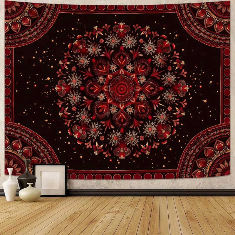 

VIKAMA Black-Backed Red Mandala Tapestry American Vintage Intricate Pattern Living Room, Bedroom, B&B Wall Decor