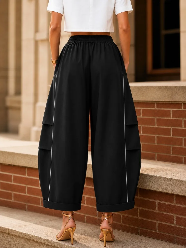 Yeezzi Women's Contrast White Trim Cropped Ankle Length Balloon Pants Elastic High Waist Pockets Loose Casual Office Trousers