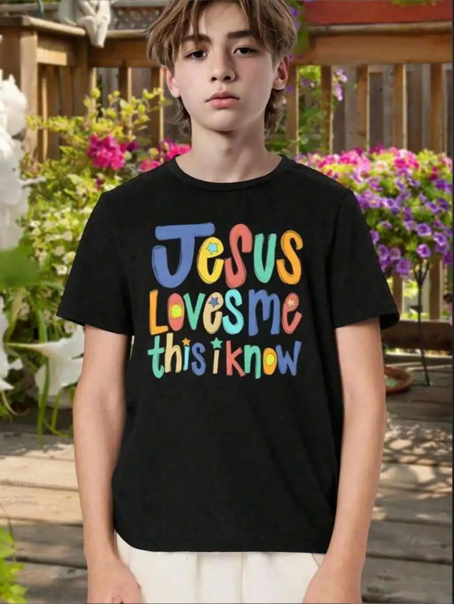 Childrens Black Tshirt Jesus Loves Me Kids T-Shirt - Christian Faith Tee For Boys Girls - Religious Children's Clothing