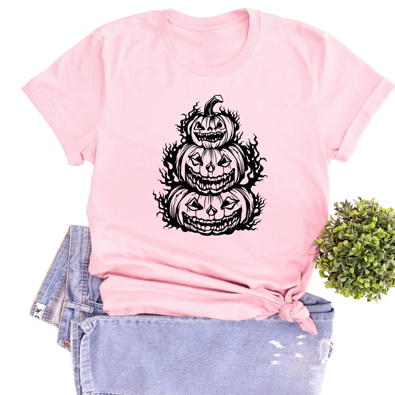 Camiseta de feliz Halloween hecha a mano personalizada, camiseta gráfica apilada de calabazas, camiseta escalofriante de Halloween, traje de caras de calabaza lindas