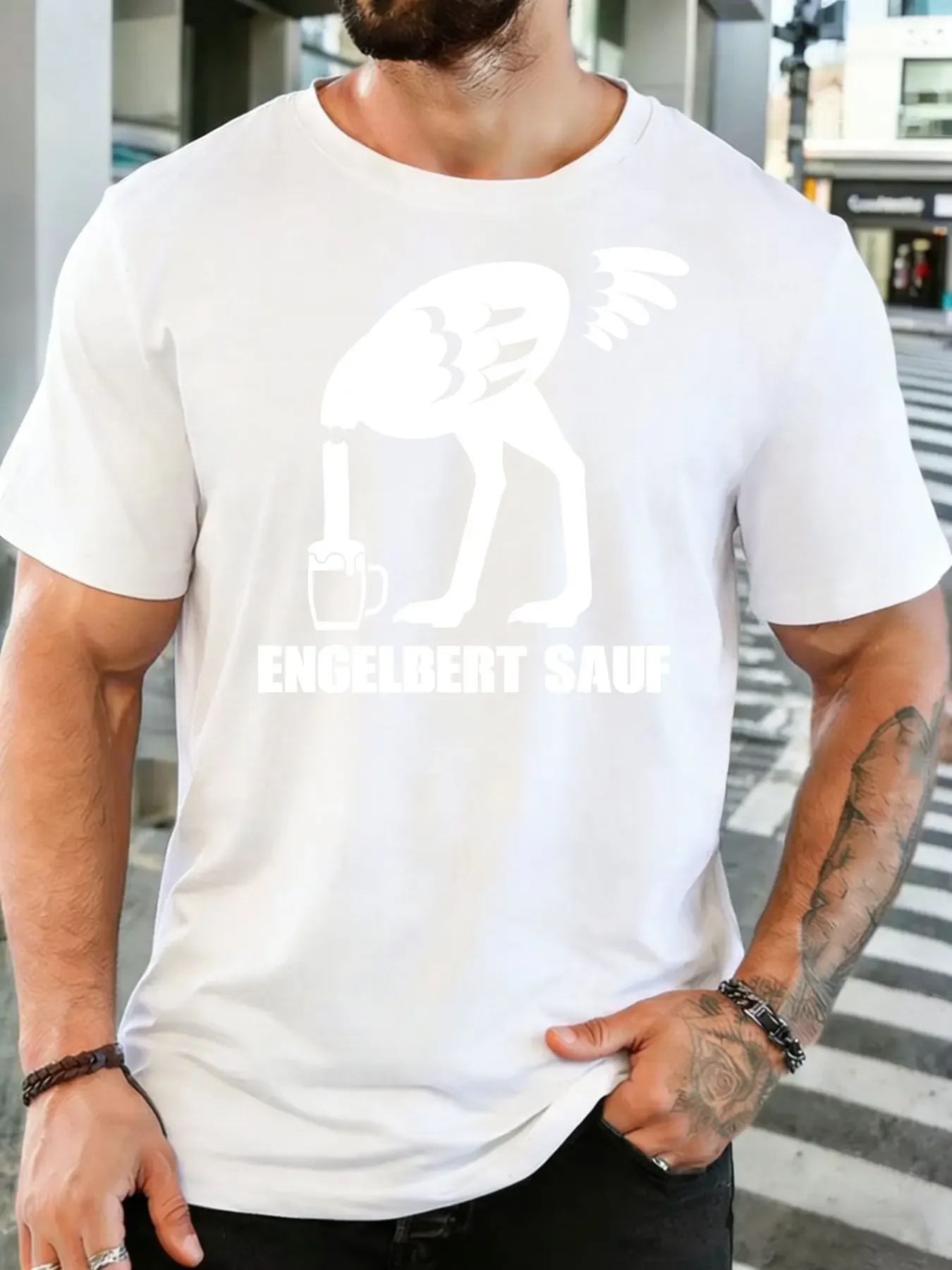 Minimal Ostrich Drink Beer Engelbert Sauf Text Art Print Men Light Cotton Short Sleeve Loose Fit Funny Beer Lover Casual T Shirt