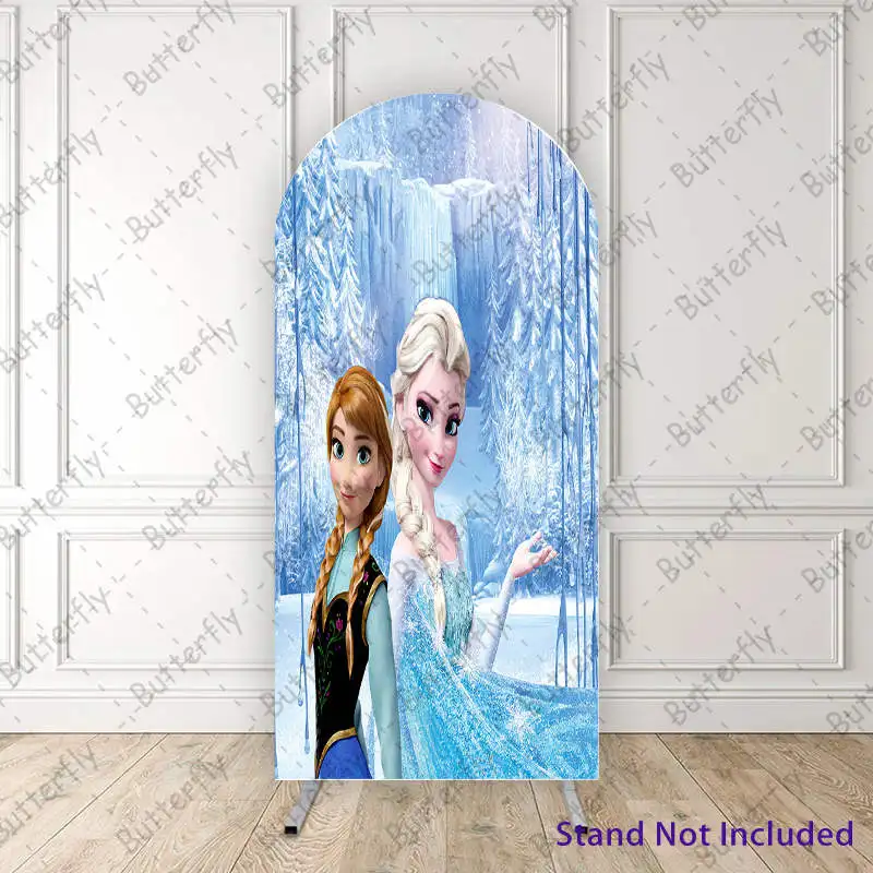 

Elsa Princess Anna Custom Frozen Disney Snow Forest Arch Photography Backdrop Cover Girls Birthday Party Background Decoration