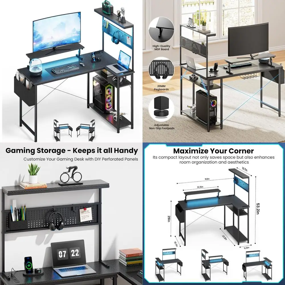 

LED-Illuminated L-Shaped Gaming Desk with Monitor Stand, Power Outlets, Storage Drawers, and Compact Design