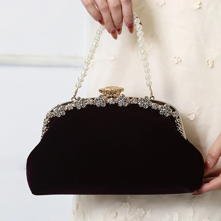 Retro Velvet pearl handle handbag elegant diamond inlays clutch bag for cheongsam dress, evening bag, chains crossbody bag bolsa