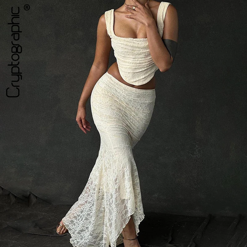 Cryptographic Vintage Floral Lace Corset Top and Skirt Dress Sets Sexy Backless Elegant Bandage Outfits Woman Maxi Skirts Ruched