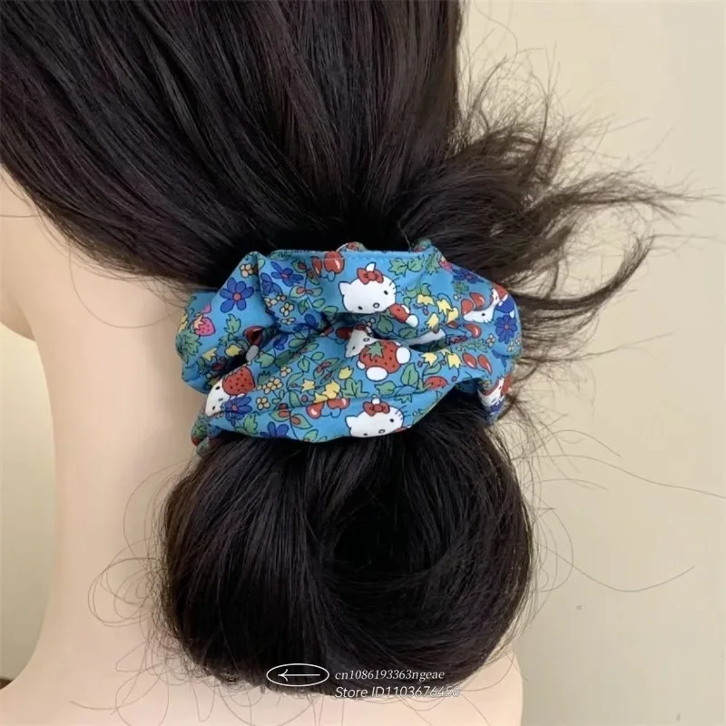 Sanrio Hello Kitty Hair Circle Summer Fresh Retro KT Cat Floral Hair Rope Beautiful Girls Variety Ponytail Headband Headdress