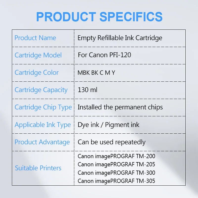 PFI-120 PFI120 Refillable Ink Cartridge With Permanent Chips For Canon TM-200 TM200 TM-205 TM-300 TM-305 TM300 130ML 5Colors/Set