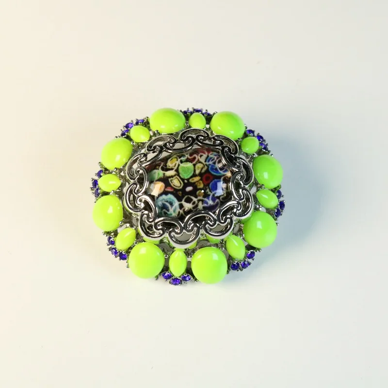 Vintage Round Millefiori Glass Brooch Bright Green Jelly Bead Inlaid Blue CZ Hollow Black Metal Frame Women Statement Dress Pin