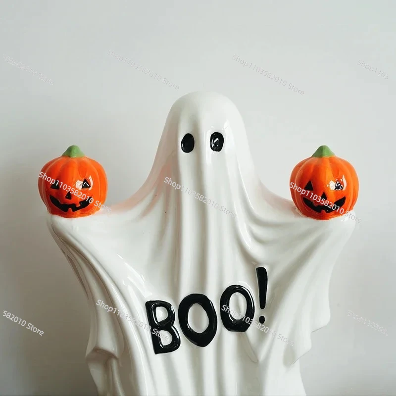 Halloween Fun Begins! European Hand-Painted Ghost Pumpkin Shape Ceramic Ornament Theme Arrangement Decoration