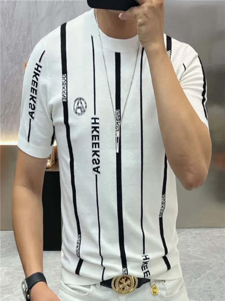 

2024 Knitting Stripe Round Neck Tee Shirt Summer Top Streetwear Social Club Outfits Slim T Men Homme Camiseta Masculina