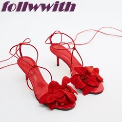 Ladies Solid Red Flowers Sandals Lace Up Unique Sexy Sandals Cross Tied Stiletto Heel Party 2026 New Arrival Summer Woman Shoes